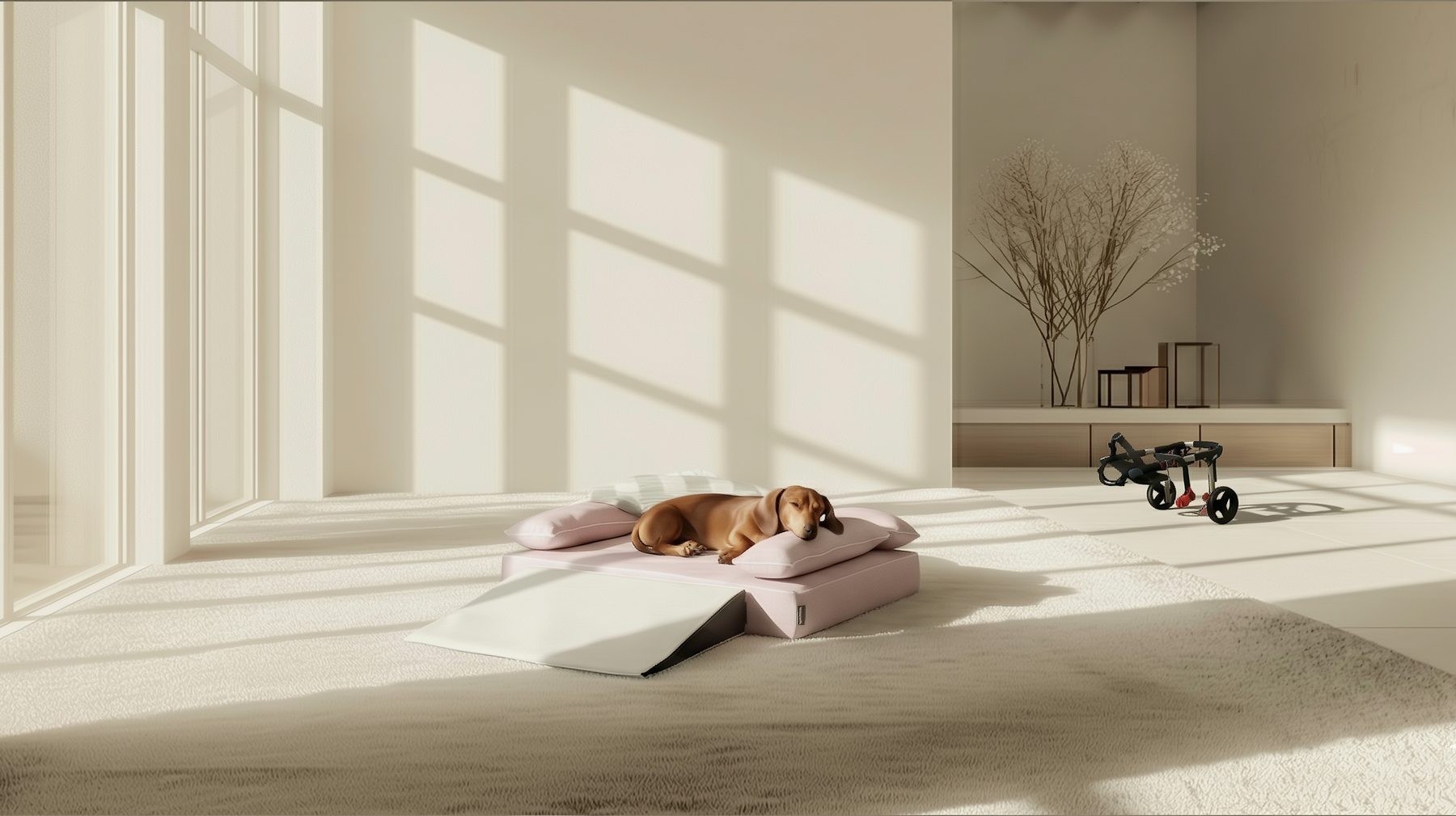 ロイヤルベッドで休むミニチュアダックスフンド。手前には犬用スロープ、奥には犬用車椅子。椎間板ヘルニアの愛犬のための寝室環境