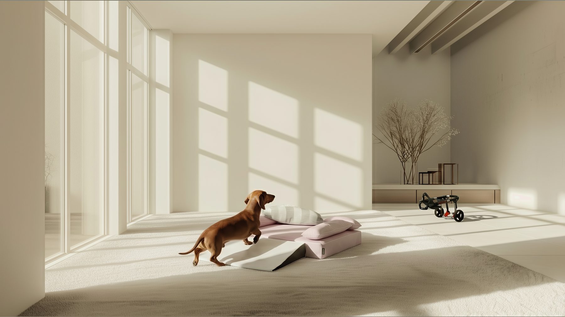 犬用スロープを自分の足で昇るミニチュアダックスフンド。低い段差で腰への負担に配慮したロイヤルベッド