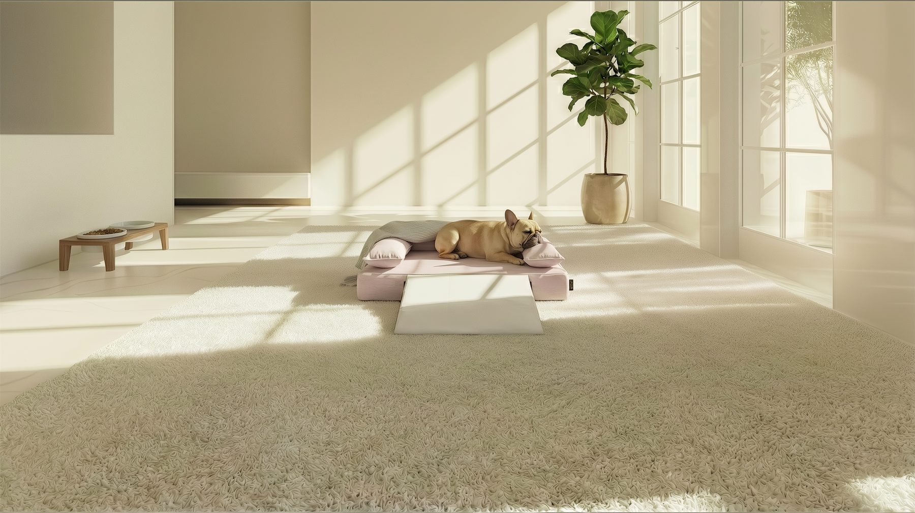 ロイヤルベッドで休むフレンチブルドッグ。スロープを備えた、インテリアに調和する犬の寝床
