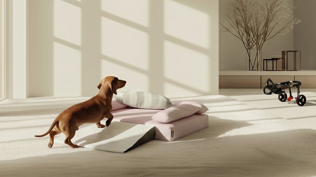 ベッド用スロープを使って安全に上り下りする犬
